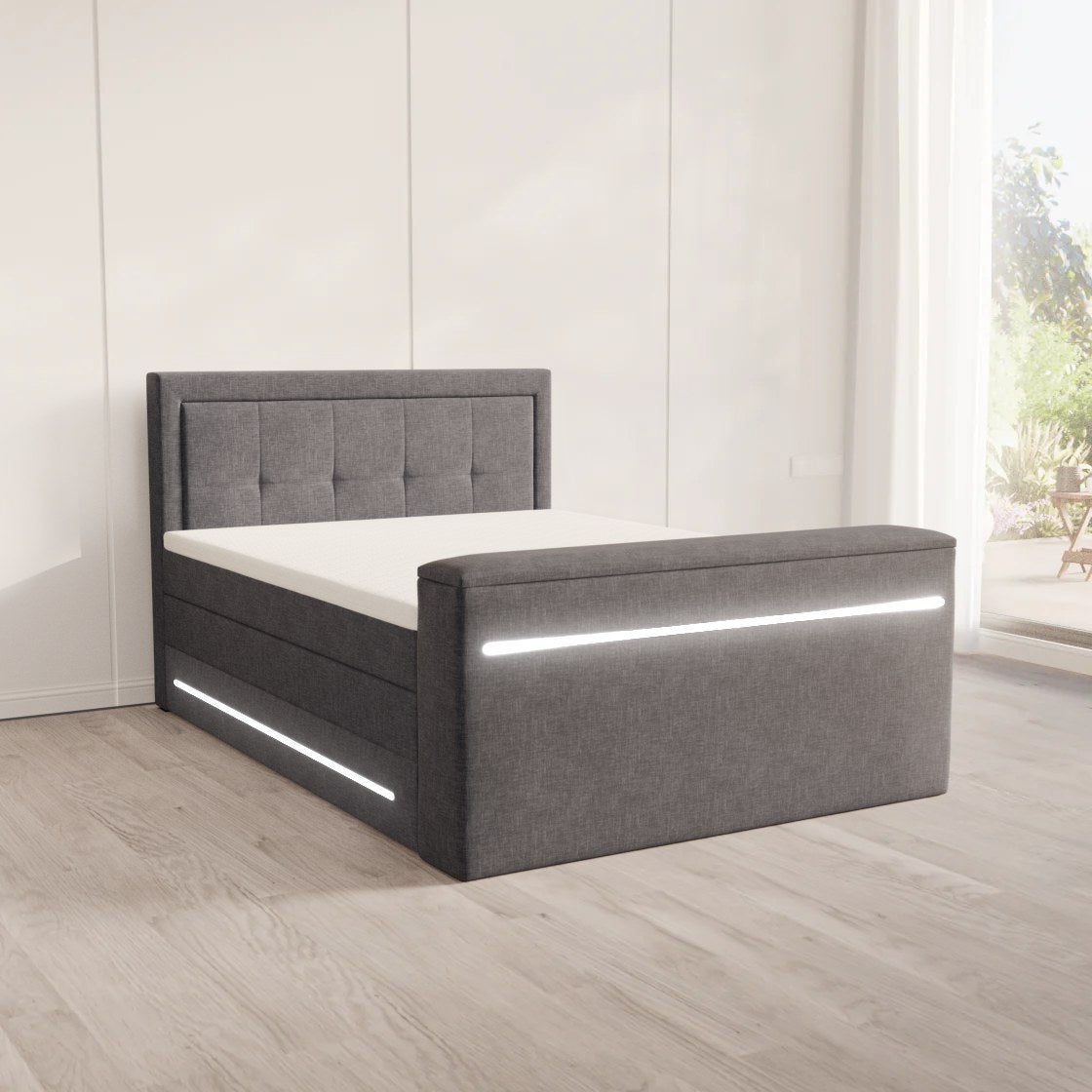 Showroom Berlin – Ausstellungsbett 3: Boxspringbett First Class, Kopfteil Bijou, TV-Lift Fußteil, Feiner Stoff Anthrazit, 160x200 cm