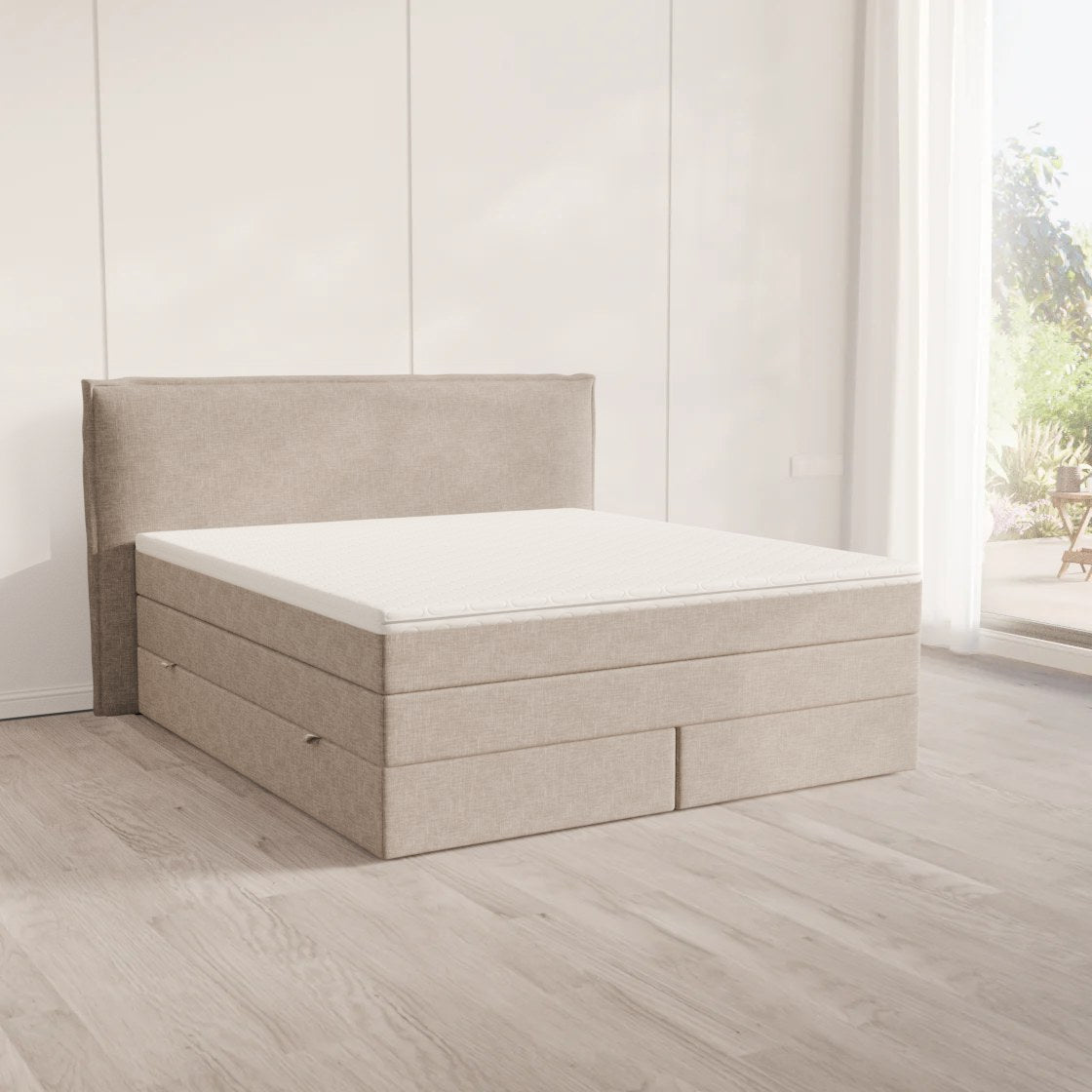 Showroom Berlin – Ausstellungsbett 1: Boxspringbett First Class, Kopfteil Monet, Feiner Stoff Beige, 180x200 cm