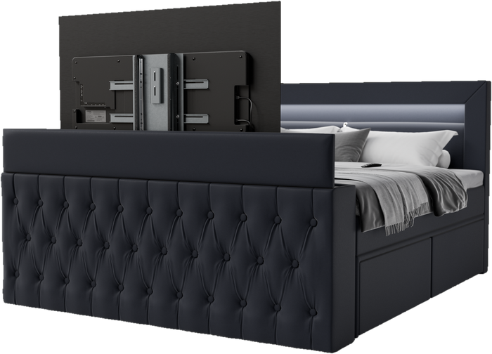 Boxspringbett mit ausgefahrenem TV-Lift im Fußteil – Showroom Berlin