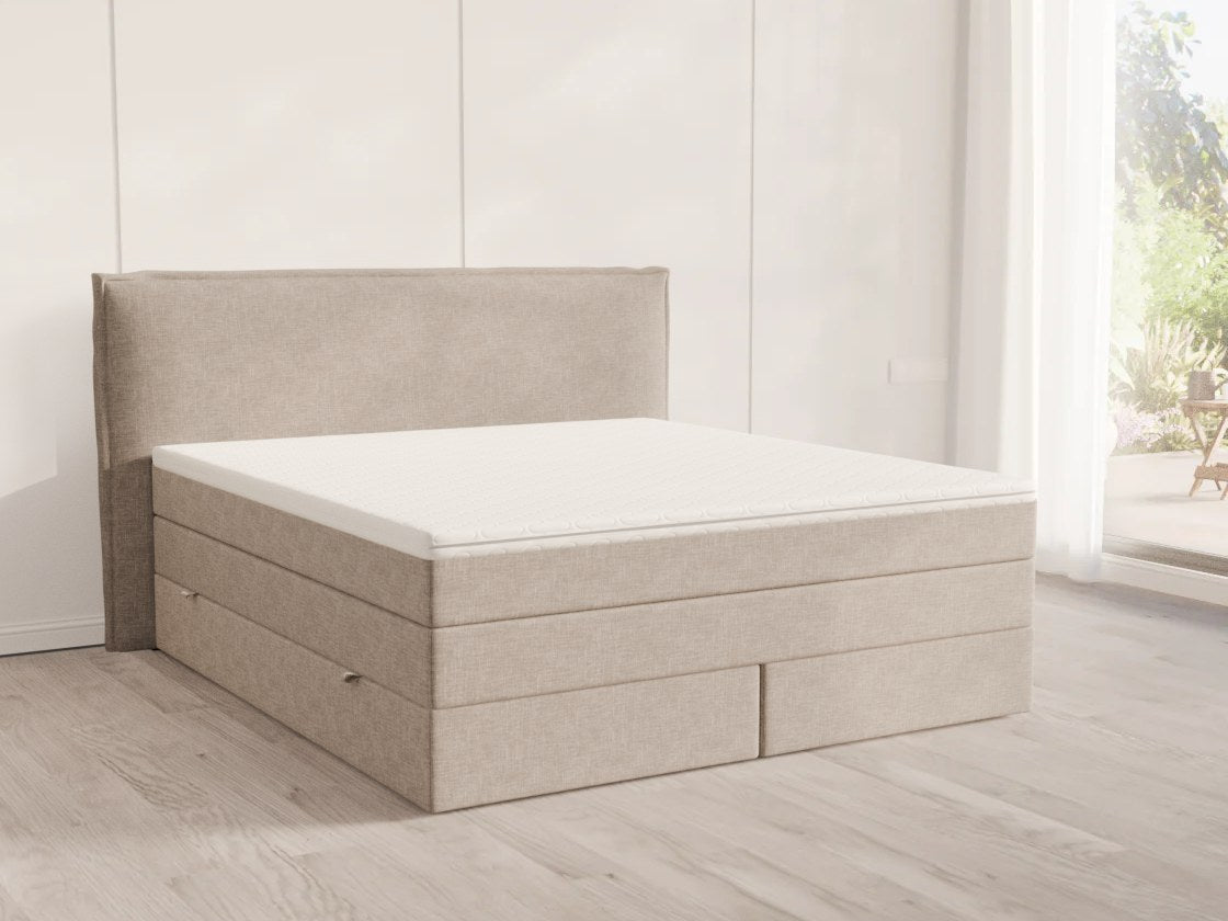 Ausstellungsbett 1 im Showroom Berlin: Boxspringbett Kopfteil Monet, Feiner Stoff Beige, 180x200 cm mit Bettkasten