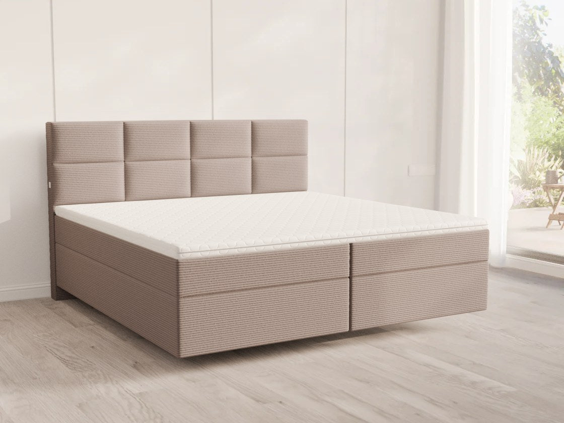 Ausstellungsbett 2 im Showroom Berlin: Boxspringbett Kopfteil Matisse, Cord Taupe, 200x210 cm Sonderlänge